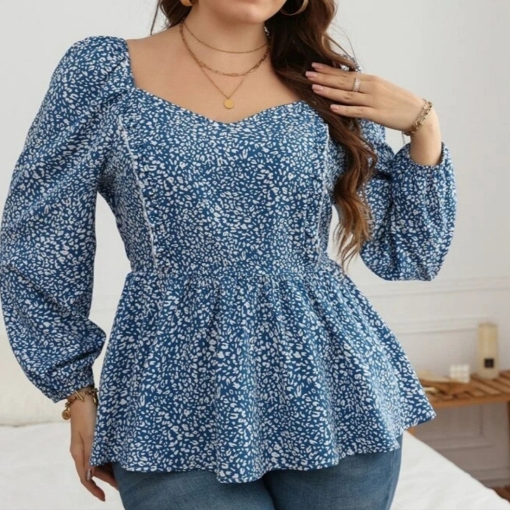 Blue Leopard Print Plus Sweetheart Blouse